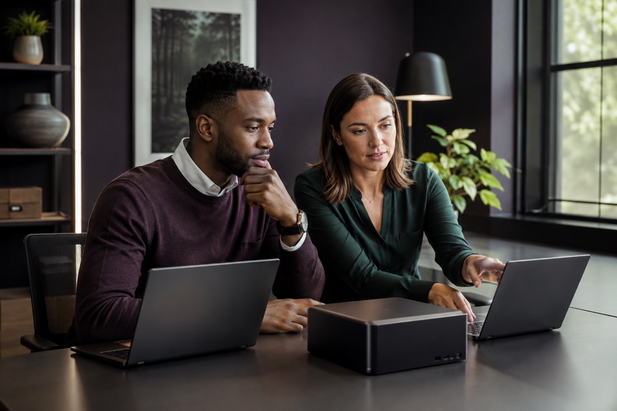 Business advisers carefully selecting efficient technology for long-term use